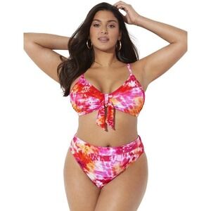 Swimsuits For All Mentor Tie Front High‎ Waist Bikini Watercolor Size 10 Pool